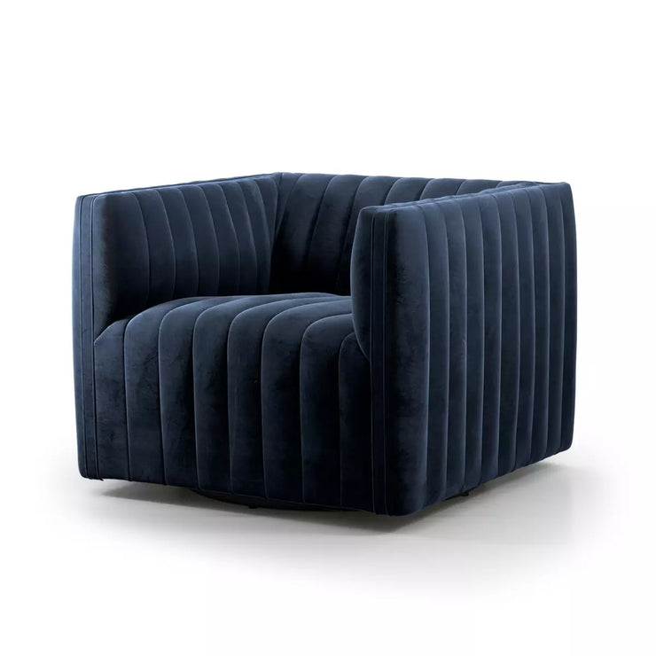 Four Hands Augustine Channeled Swivel Chair~ Sapphire Navy Upholstered Velvet Fabric