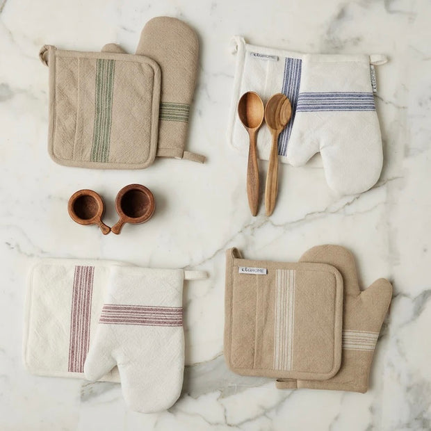 etúHOME Vintage Spruce Green Stripe Kitchen Pot Holders ~ Set of 2