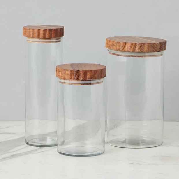 etúHOME Scalloped Wood Top Set of 3 Glass Canisters