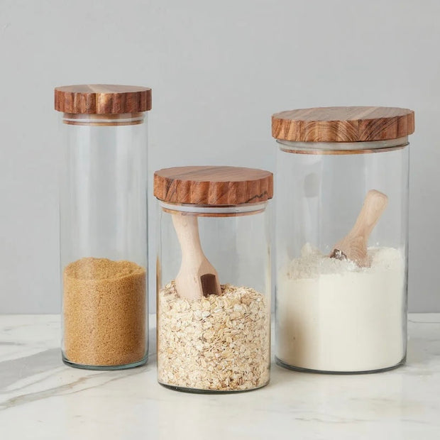 etúHOME Scalloped Wood Top Set of 3 Glass Canisters