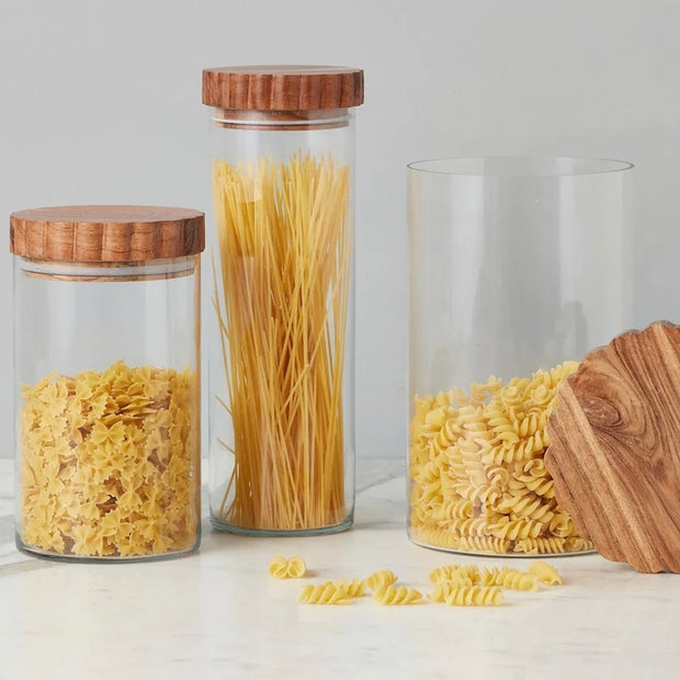 etúHOME Scalloped Wood Top Set of 3 Glass Canisters