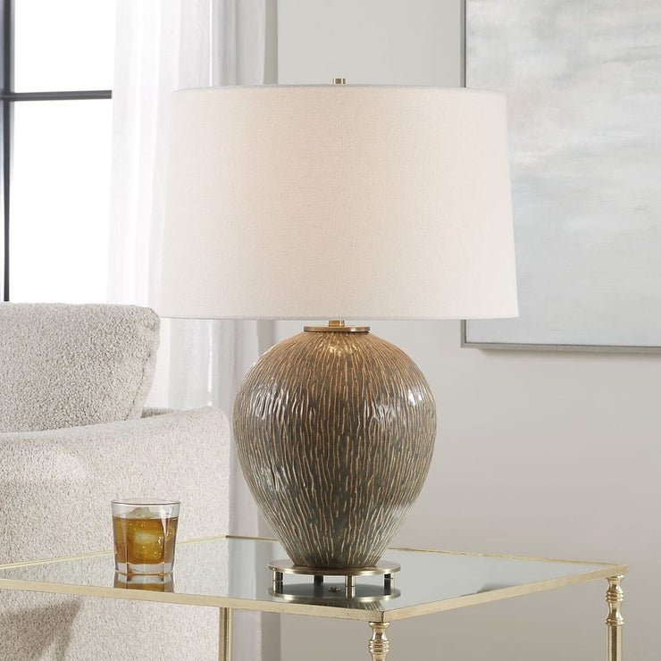 Uttermost Rya Distressed Rich Brown Table Lamp With White Linen Shade