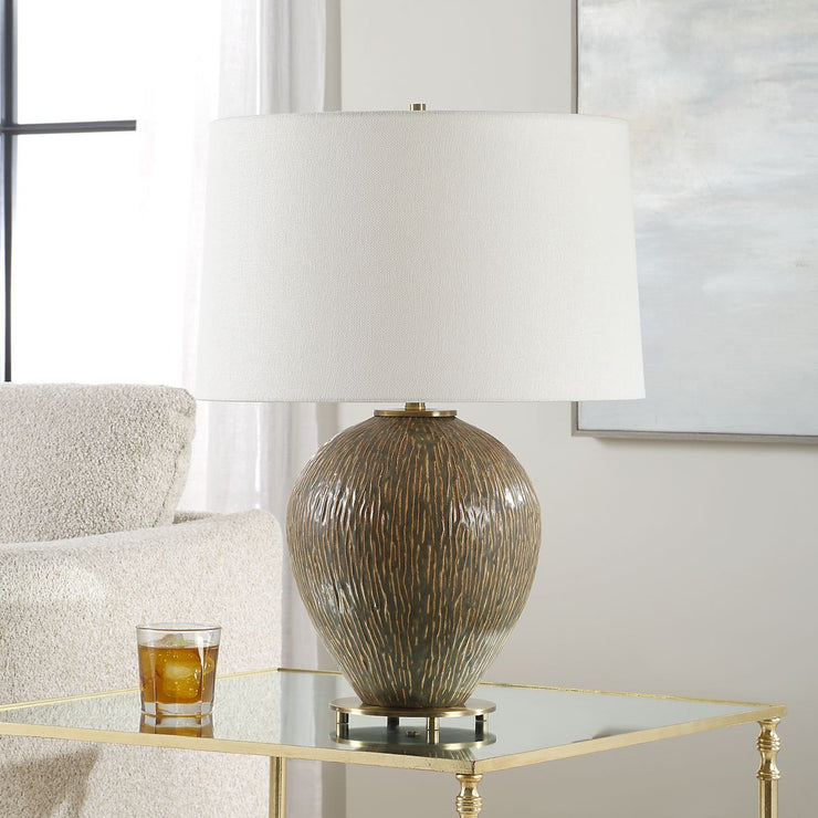 Uttermost Rya Distressed Rich Brown Table Lamp With White Linen Shade