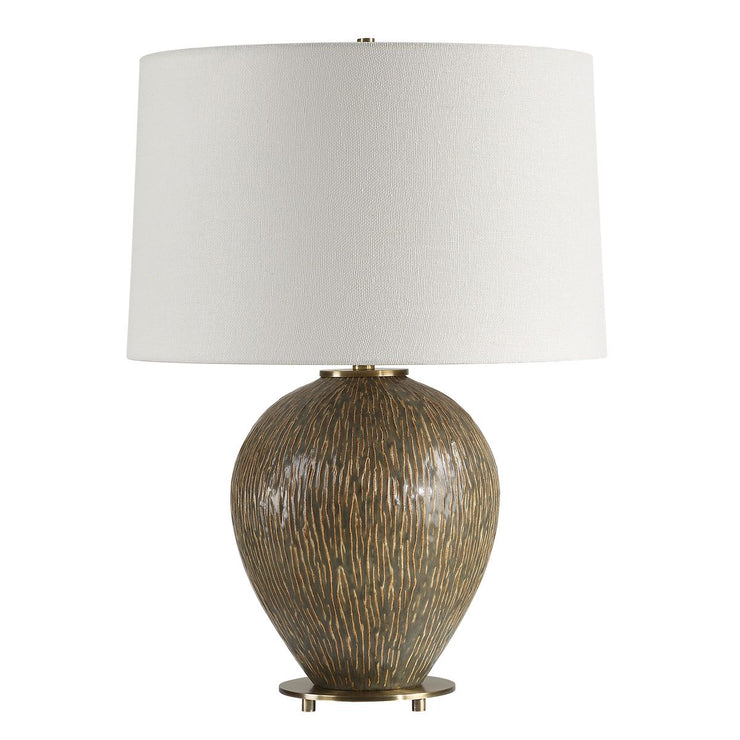 Uttermost Rya Distressed Rich Brown Table Lamp With White Linen Shade