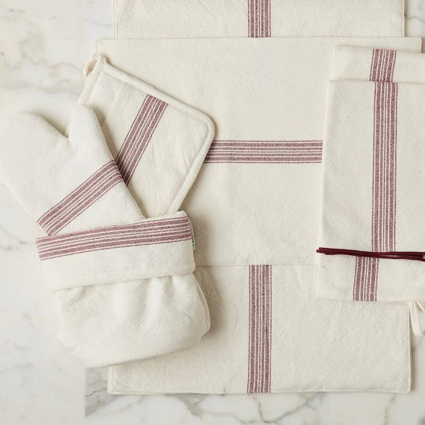 etúHOME Vintage Merlot Red Stripe Kitchen Oven Mitts ~ Set of 2