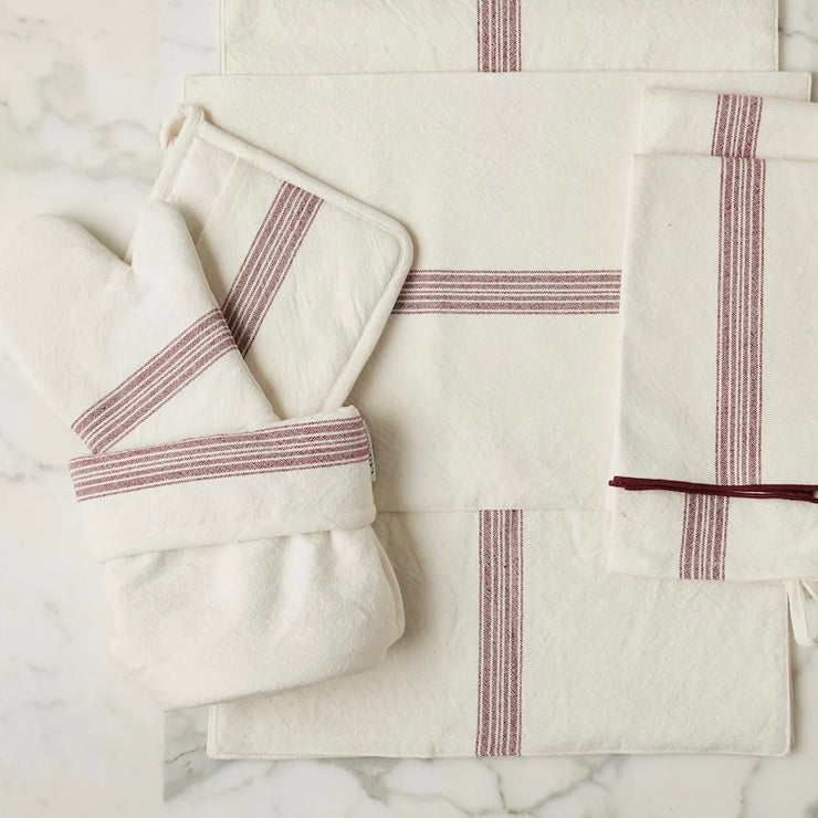 etúHOME Vintage Merlot Red Stripe Kitchen Oven Mitts ~ Set of 2