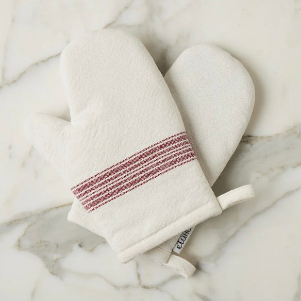 etúHOME Vintage Merlot Red Stripe Kitchen Oven Mitts ~ Set of 2