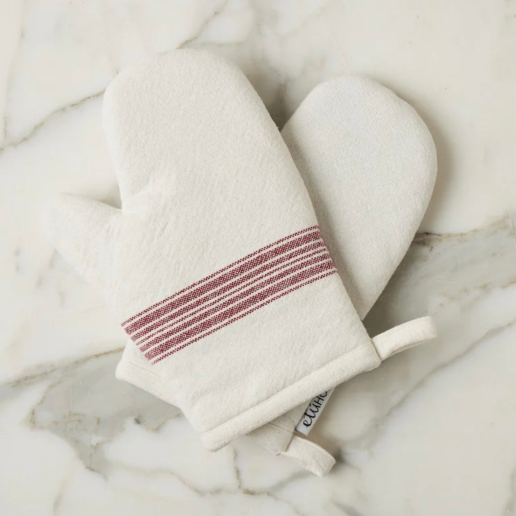 etúHOME Vintage Merlot Red Stripe Kitchen Oven Mitts ~ Set of 2