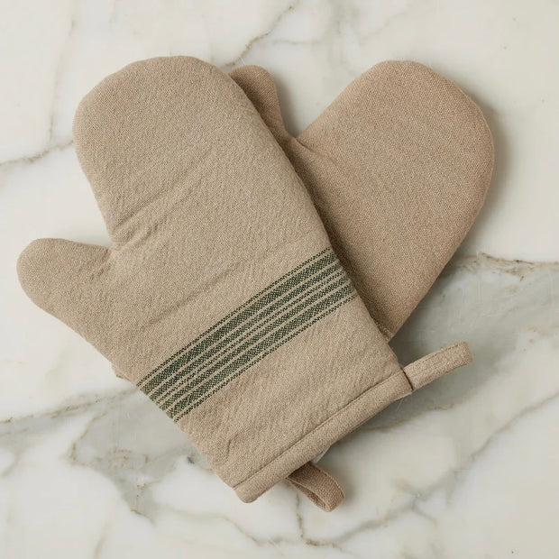 etúHOME Vintage Spruce Green Stripe Kitchen Oven Mitts ~ Set of 2