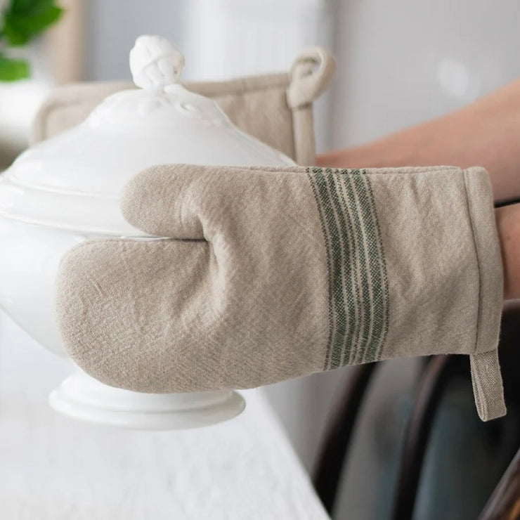 etúHOME Vintage Spruce Green Stripe Kitchen Oven Mitts ~ Set of 2