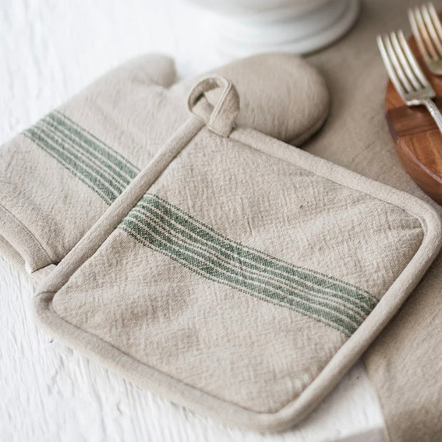 etúHOME Vintage Spruce Green Stripe Kitchen Oven Mitts ~ Set of 2