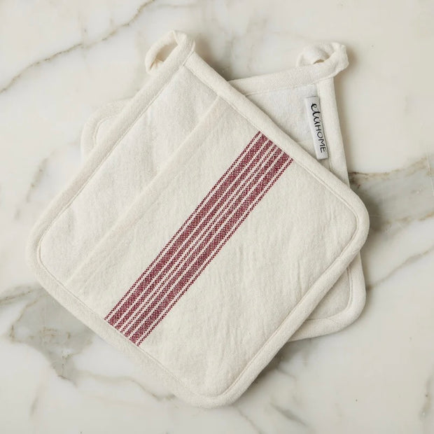 etúHOME Vintage Merlot Red Stripe Kitchen Pot Holders ~ Set of 2