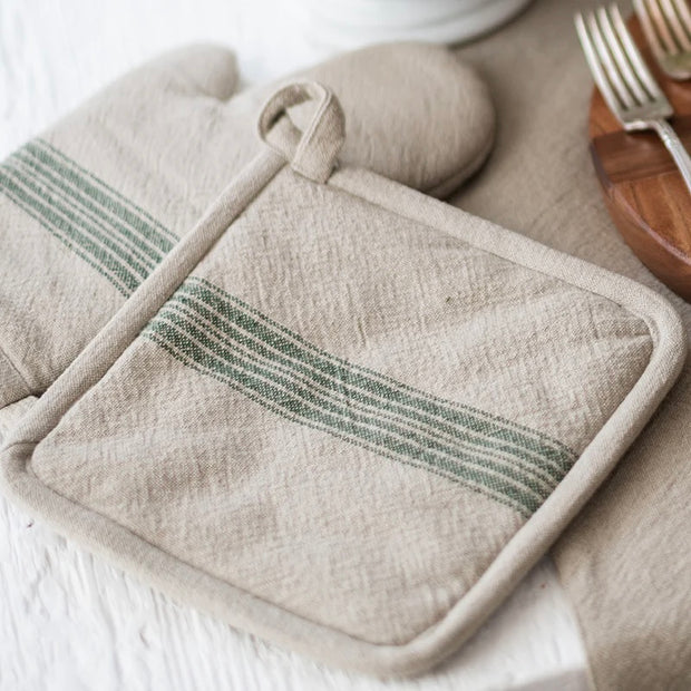 etúHOME Vintage Spruce Green Stripe Kitchen Pot Holders ~ Set of 2
