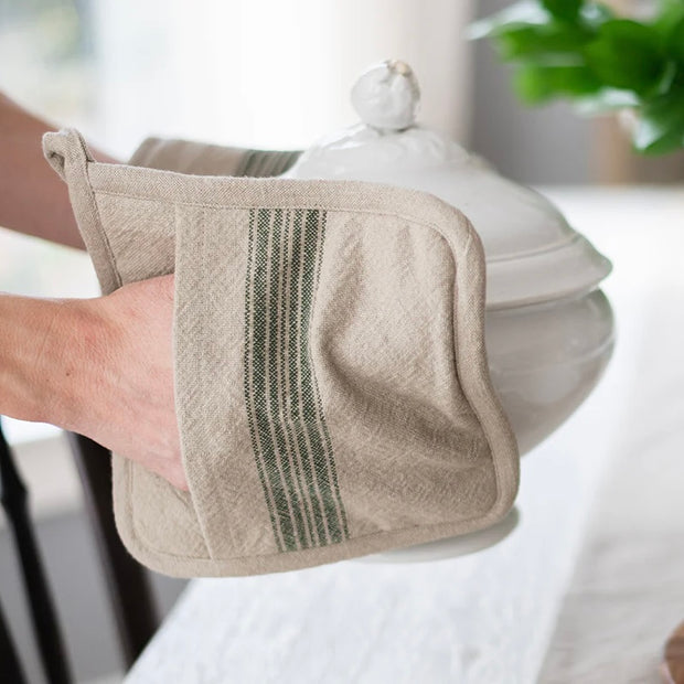 etúHOME Vintage Spruce Green Stripe Kitchen Pot Holders ~ Set of 2