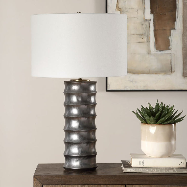 Uttermost Corvair Metallic Dark Bronze Glazed Base Table Lamp With White Linen Drum Shade