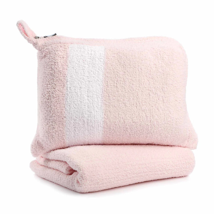 Kashwere Ultra Plush Pink and White Stripe Travel Blanket With Pouch