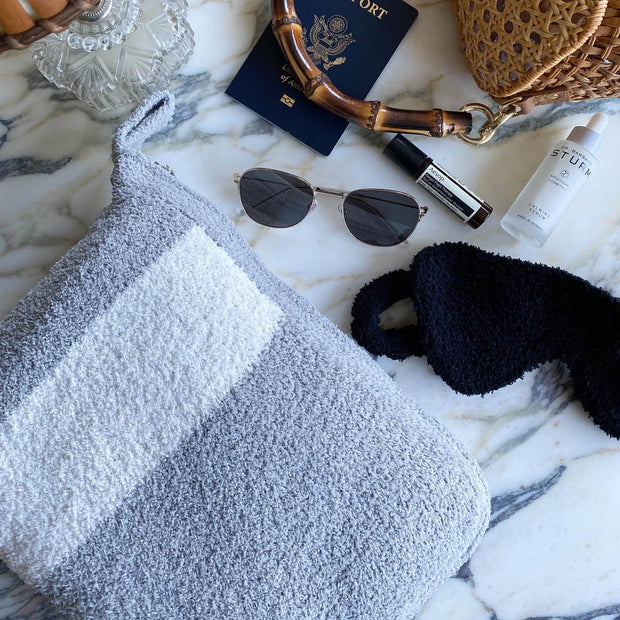 Kashwere Ultra Plush Stone and Creme Stripe Travel Blanket With Pouch