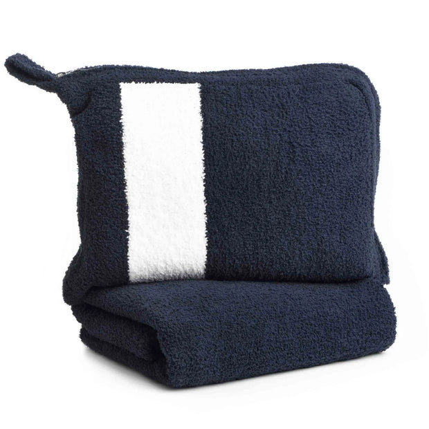 Kashwere Ultra Plush Navy and White Stripe Travel Blanket With Pouch