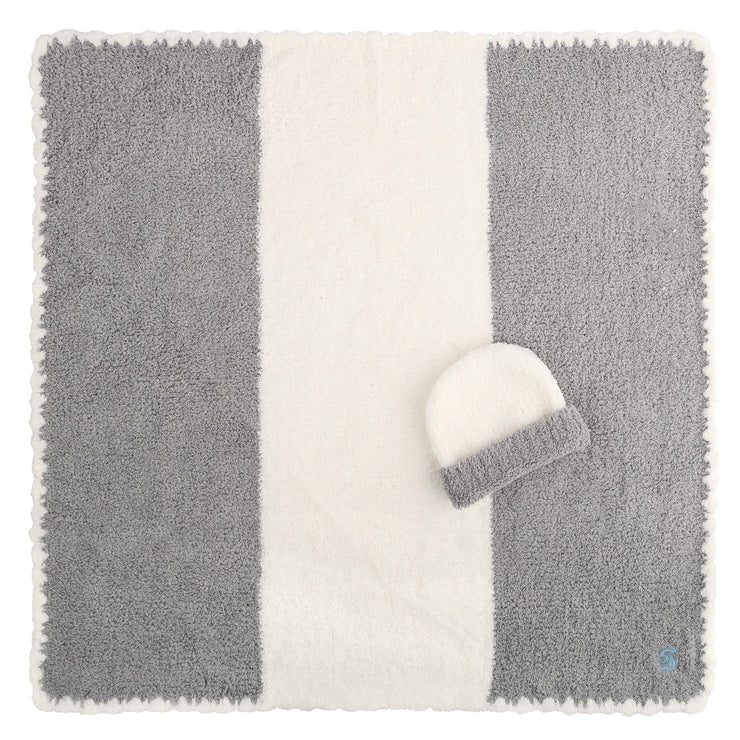Kashwere Baby Ultra Soft Baby Blanket & Cap Available In Malt, Pink, Teddy, Stone and Ice Blue with Creme Stripe