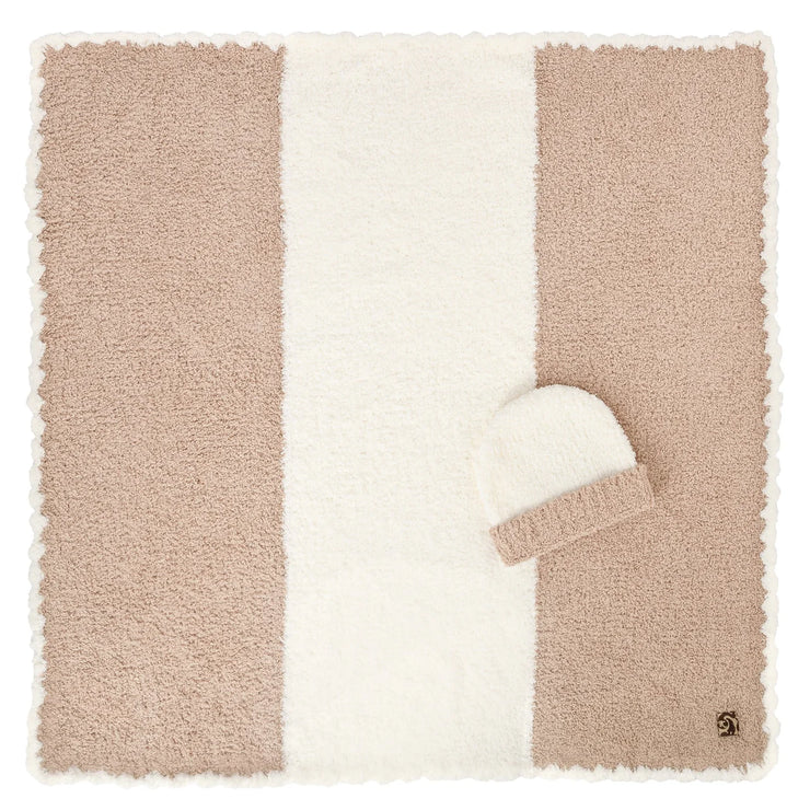 Kashwere Baby Ultra Soft Baby Blanket & Cap Available In Malt, Pink, Teddy, Stone and Ice Blue with Creme Stripe