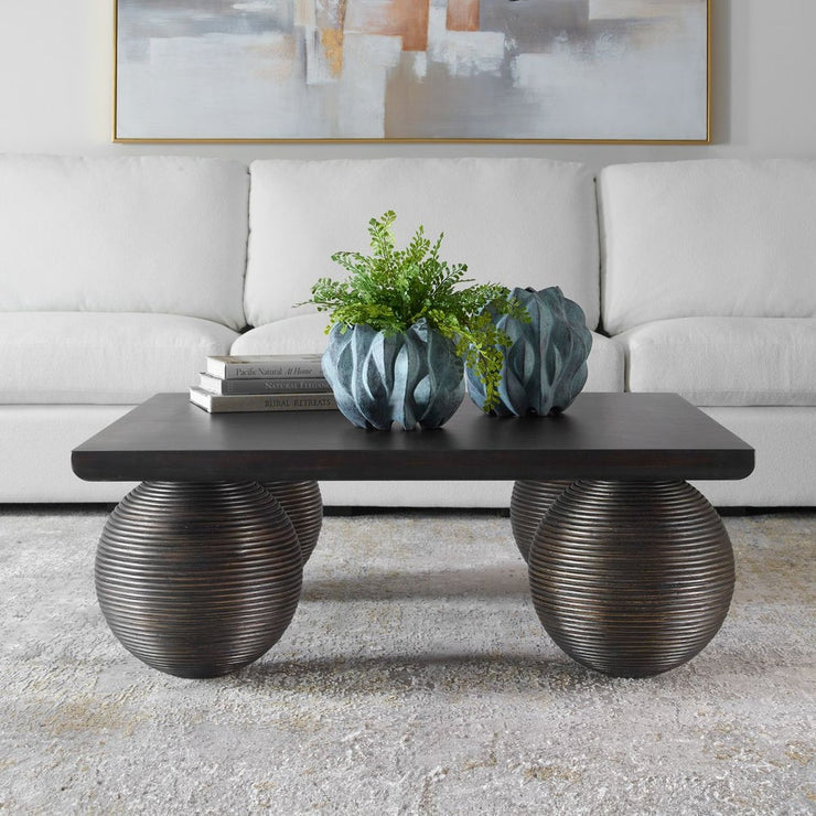 Uttermost Kasson Distressed Black Mango Wood and Rattan Coffee Table