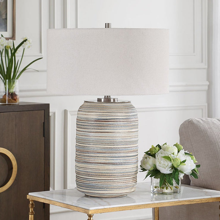 Uttermost Prospect Brown, Taupe, And Cream Table Lamp With Light Beige Linen Shade ~ Large