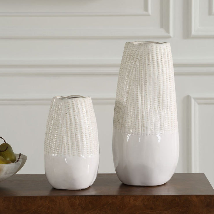 Uttermost Echo White Ceramic Ridge Vases ~ Set of 2
