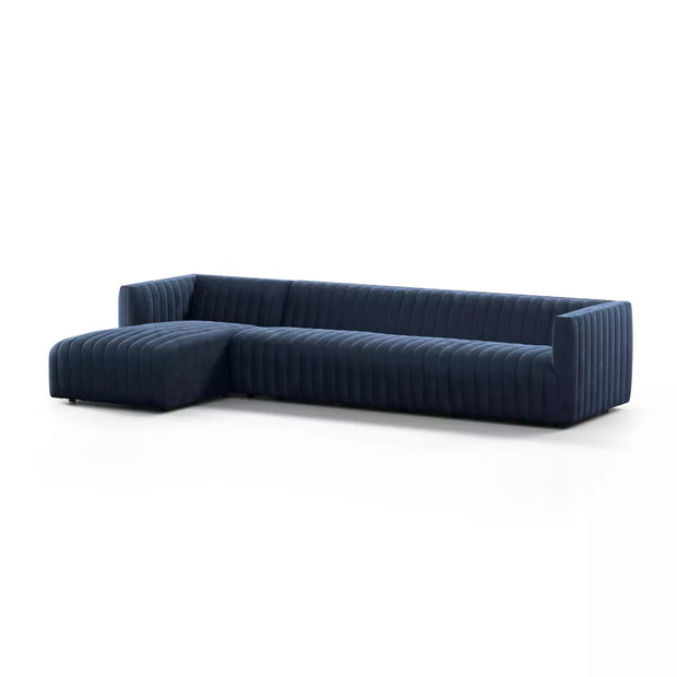 Four Hands Augustine Channeled 2 Piece Right Chaise Sectional 126” ~ Sapphire Navy Upholstered Velvet Fabric