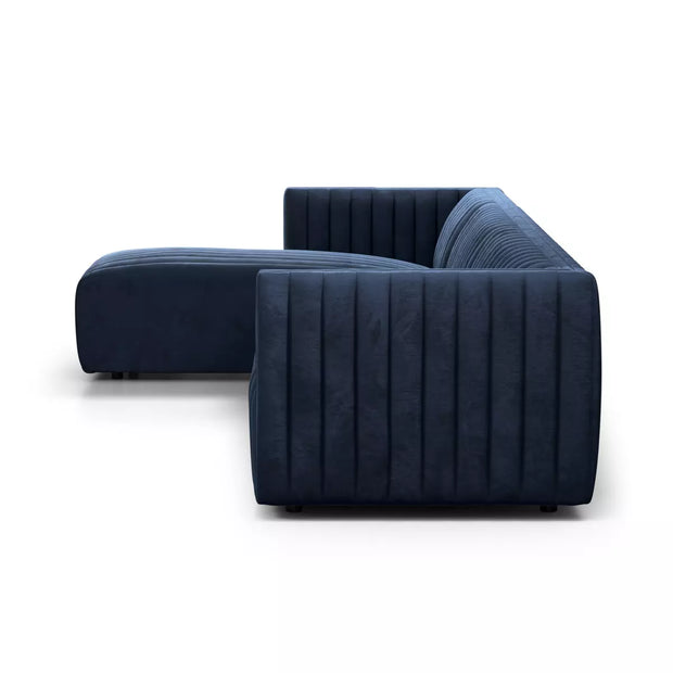 Four Hands Augustine Channeled 2 Piece Left Chaise Sectional 126” ~ Sapphire Navy Upholstered Velvet Fabric