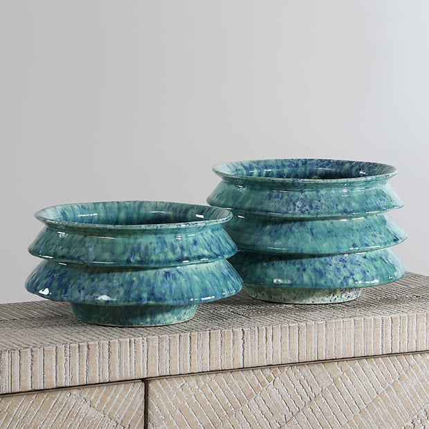 Uttermost Zigzag Blue and Green Reactive Glaze Ceramic Set of 2 Decorative Bowls