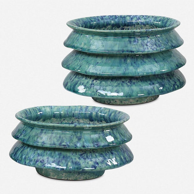 Uttermost Zigzag Blue and Green Reactive Glaze Ceramic Set of 2 Decorative Bowls