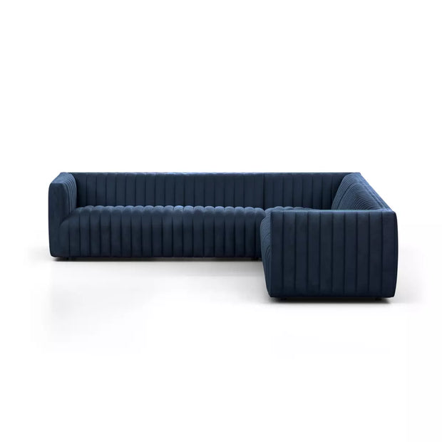 Four Hands Augustine Channeled 3 Piece Chaise Sectional 105” ~ Sapphire Navy Upholstered Velvet Fabric