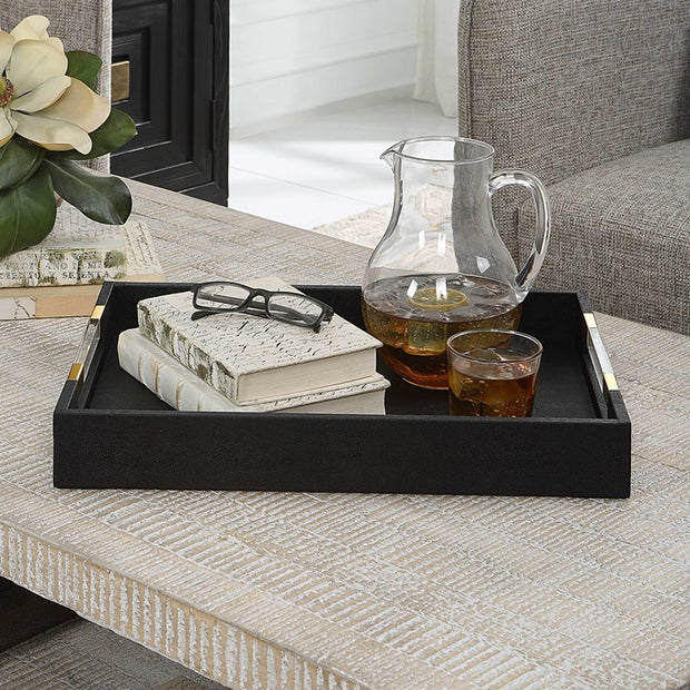 Uttermost Wessex Black Faux Shagreen Tray with Acrylic and Brass Handles