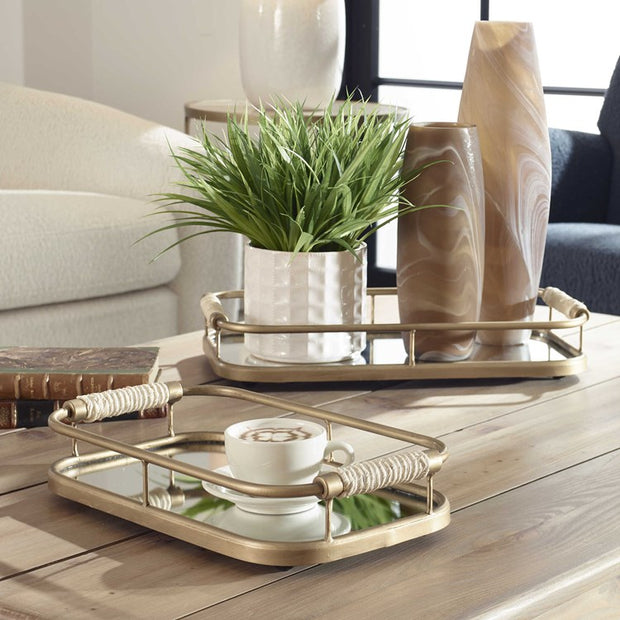 Uttermost Rosea Brushed Gold Metal and Mirrored Set of 2 Trays with Natural Rope Wrapped Handles