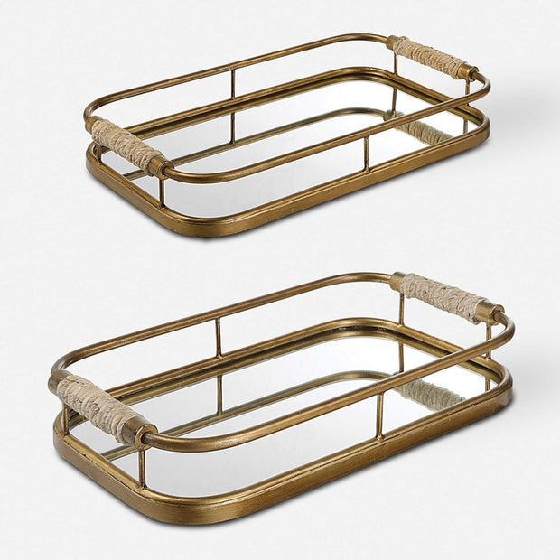 Uttermost Rosea Brushed Gold Metal and Mirrored Set of 2 Trays with Natural Rope Wrapped Handles