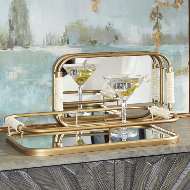 Uttermost Rosea Brushed Gold Metal and Mirrored Set of 2 Trays with Natural Rope Wrapped Handles