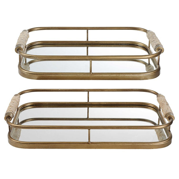 Uttermost Rosea Brushed Gold Metal and Mirrored Set of 2 Trays with Natural Rope Wrapped Handles