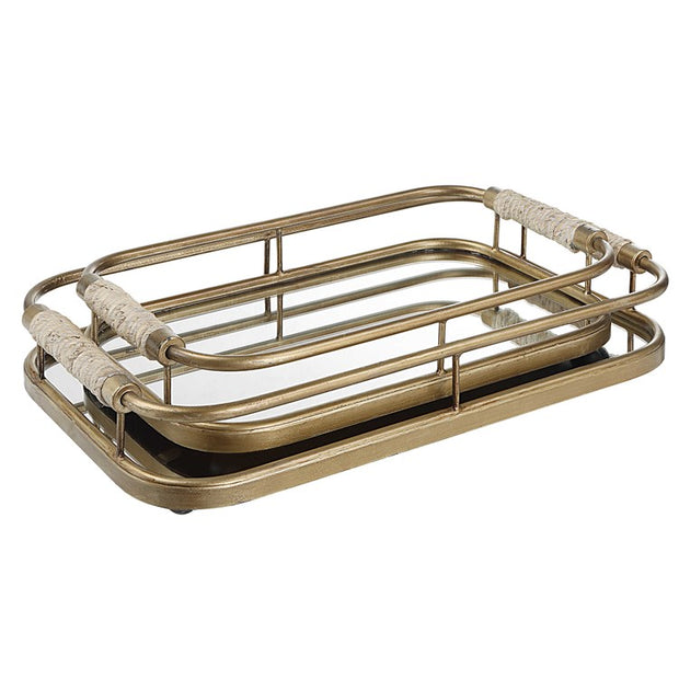 Uttermost Rosea Brushed Gold Metal and Mirrored Set of 2 Trays with Natural Rope Wrapped Handles
