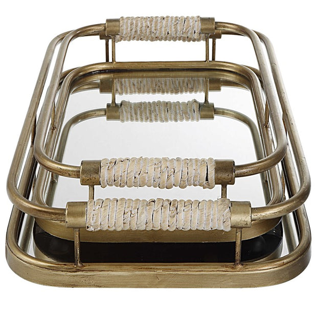 Uttermost Rosea Brushed Gold Metal and Mirrored Set of 2 Trays with Natural Rope Wrapped Handles