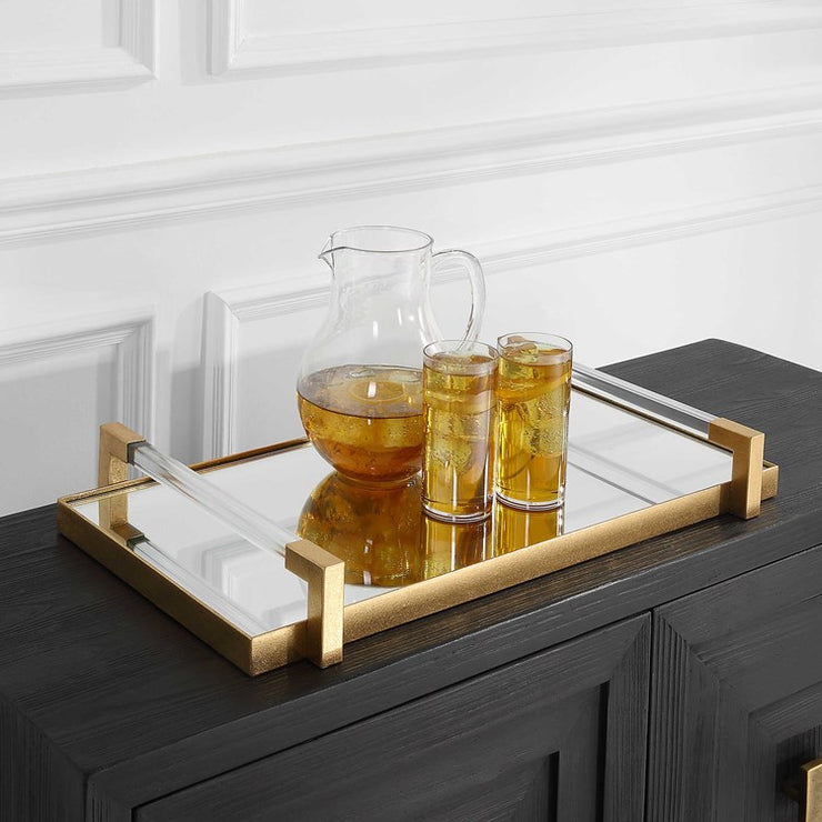 Uttermost Deki Antiqued Gold Leaf Hand Forged Iron and Mirrored Tray with Acrylic Handles