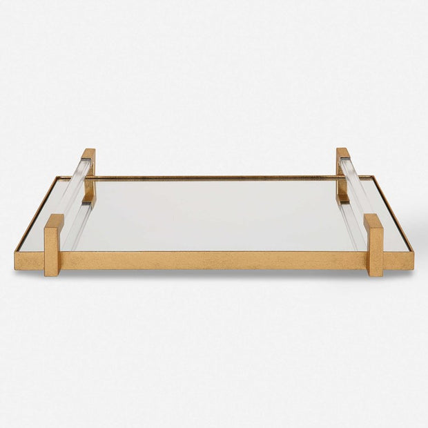 Uttermost Deki Antiqued Gold Leaf Hand Forged Iron and Mirrored Tray with Acrylic Handles