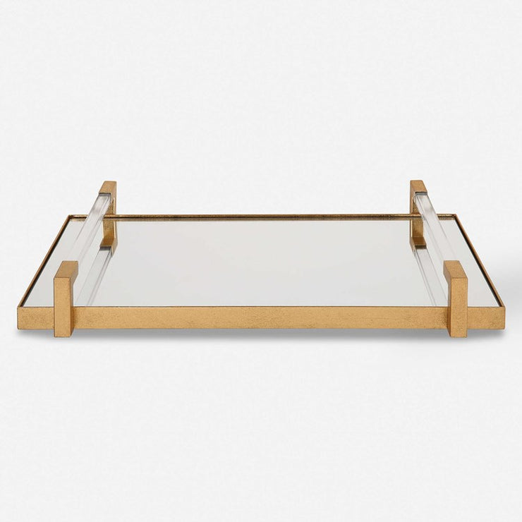 Uttermost Deki Antiqued Gold Leaf Hand Forged Iron and Mirrored Tray with Acrylic Handles
