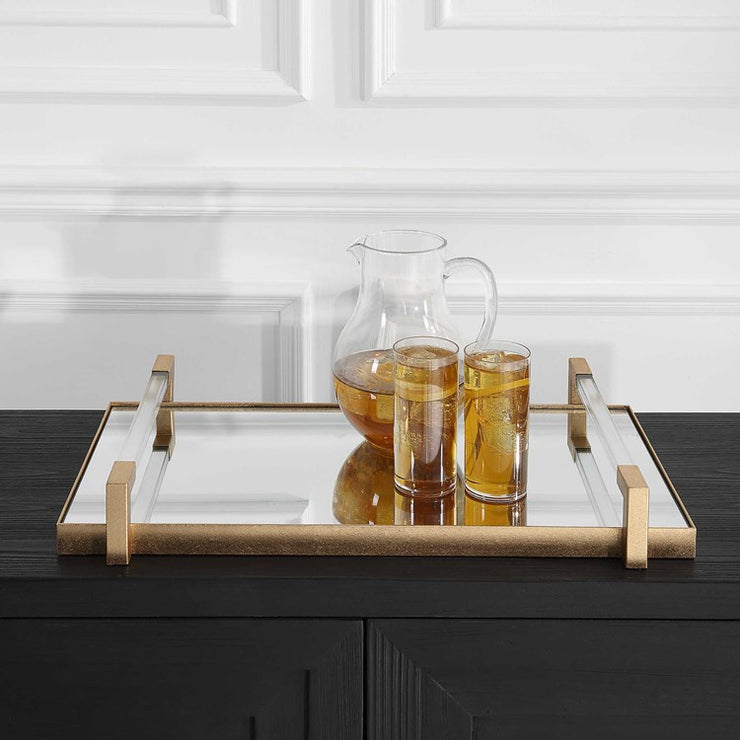 Uttermost Deki Antiqued Gold Leaf Hand Forged Iron and Mirrored Tray with Acrylic Handles