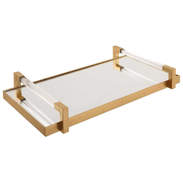 Uttermost Deki Antiqued Gold Leaf Hand Forged Iron and Mirrored Tray with Acrylic Handles