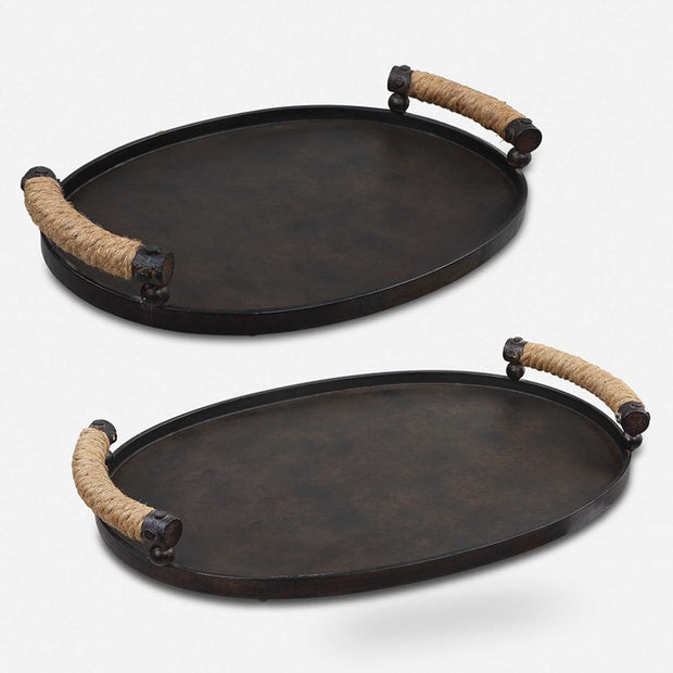 Uttermost Viggo Dark Bronze Iron Set of 2 Trays with Natural Rope Wrapped Handles