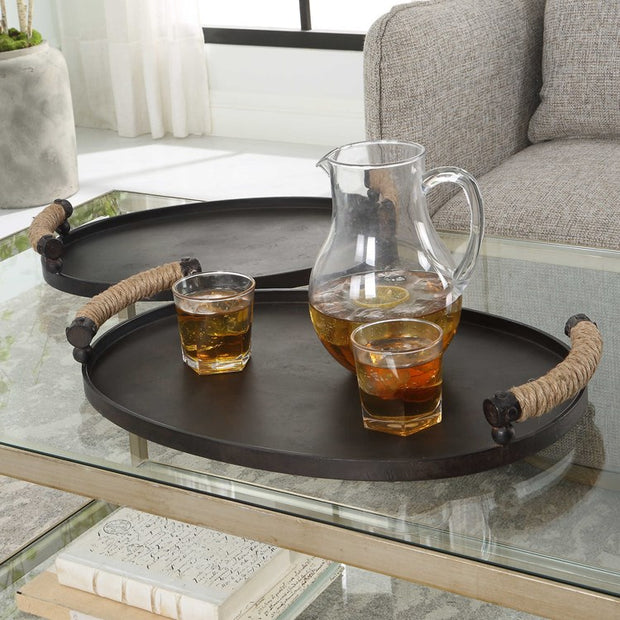 Uttermost Viggo Dark Bronze Iron Set of 2 Trays with Natural Rope Wrapped Handles