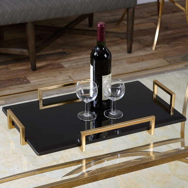 Uttermost Ettore Black Beveled Glass Tray with Gold Leaf Handles