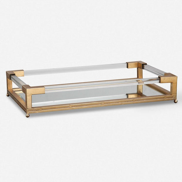Uttermost Balkan Antiqued Gold Leaf Hand Forged Iron and Mirrored Tray With Acrylic Handles
