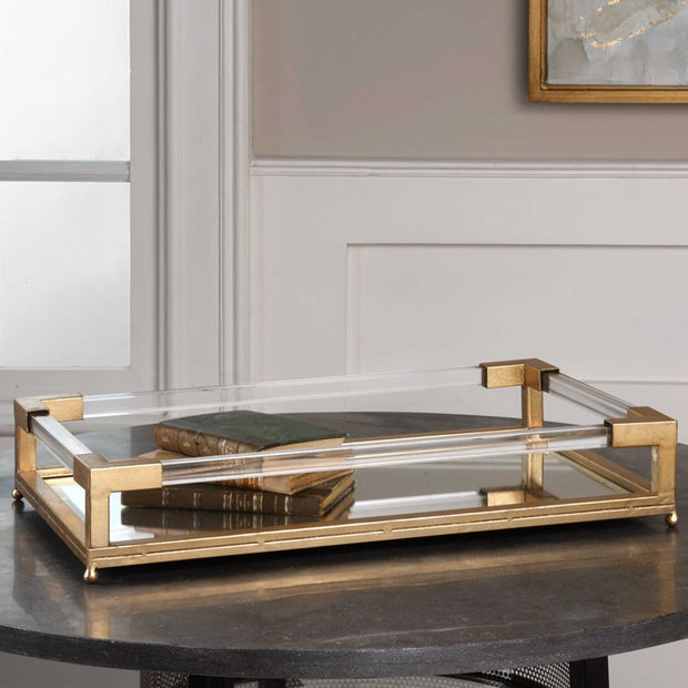 Uttermost Balkan Antiqued Gold Leaf Hand Forged Iron and Mirrored Tray With Acrylic Handles