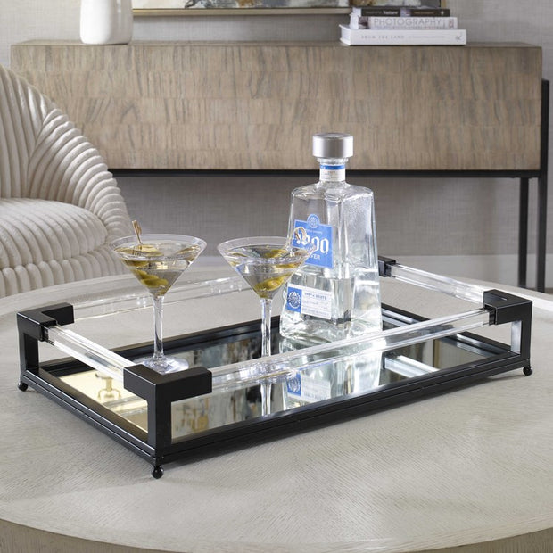 Uttermost Balkan Matte Black Hand Forged Iron and Mirrored Tray With Acrylic Handles